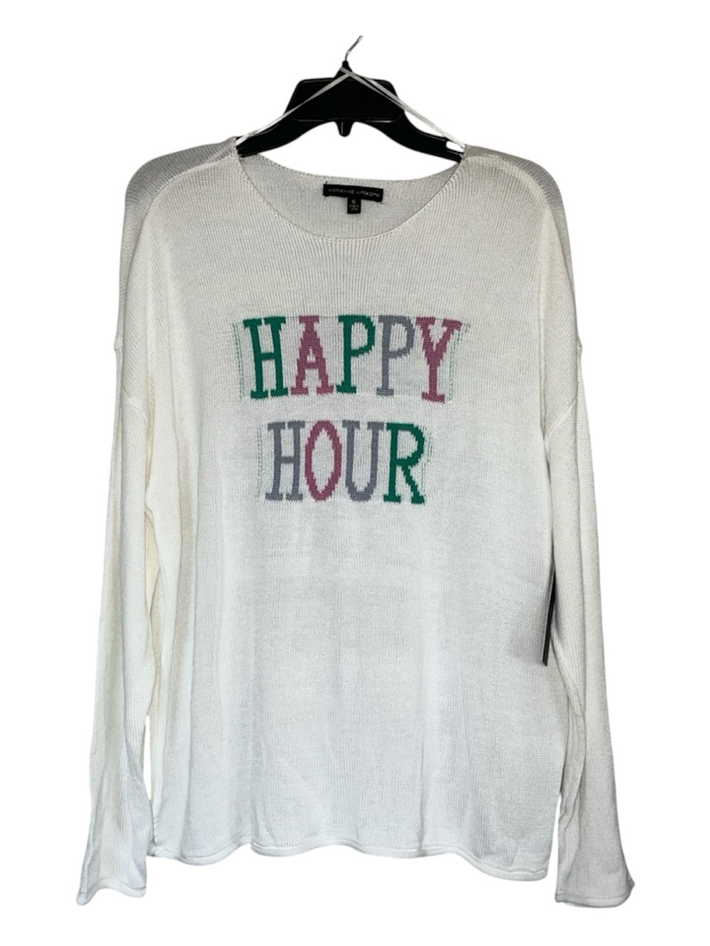 Adrienne Vittadini White Lightweight Knit Sweater Size XL “Happy Hour” Graphic